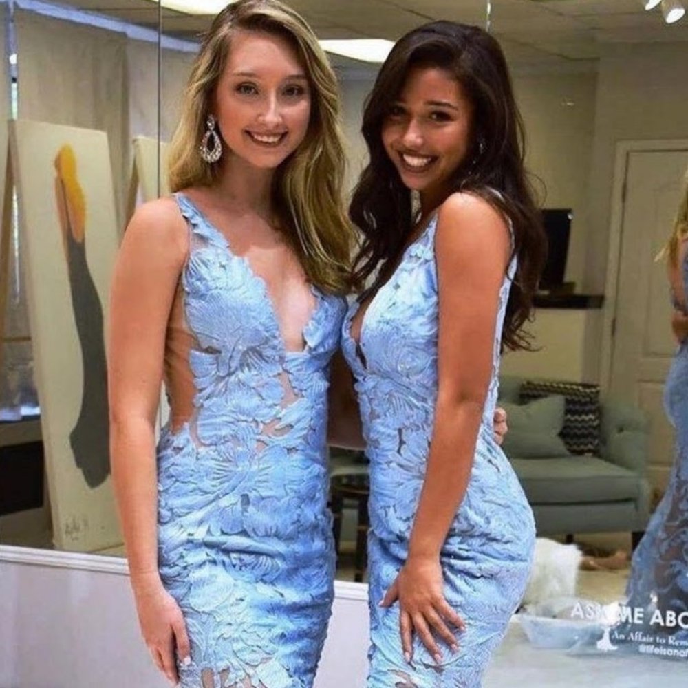 Jovani Blue Floral Appliques Gown